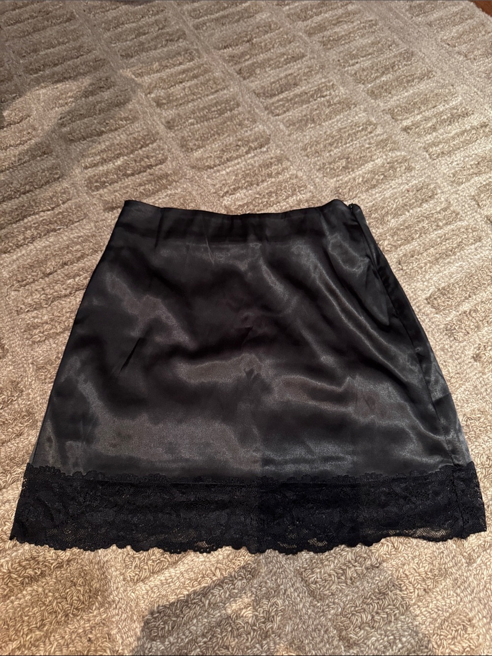Princess Polly Black Satin Mini Skirt with Lace Trim